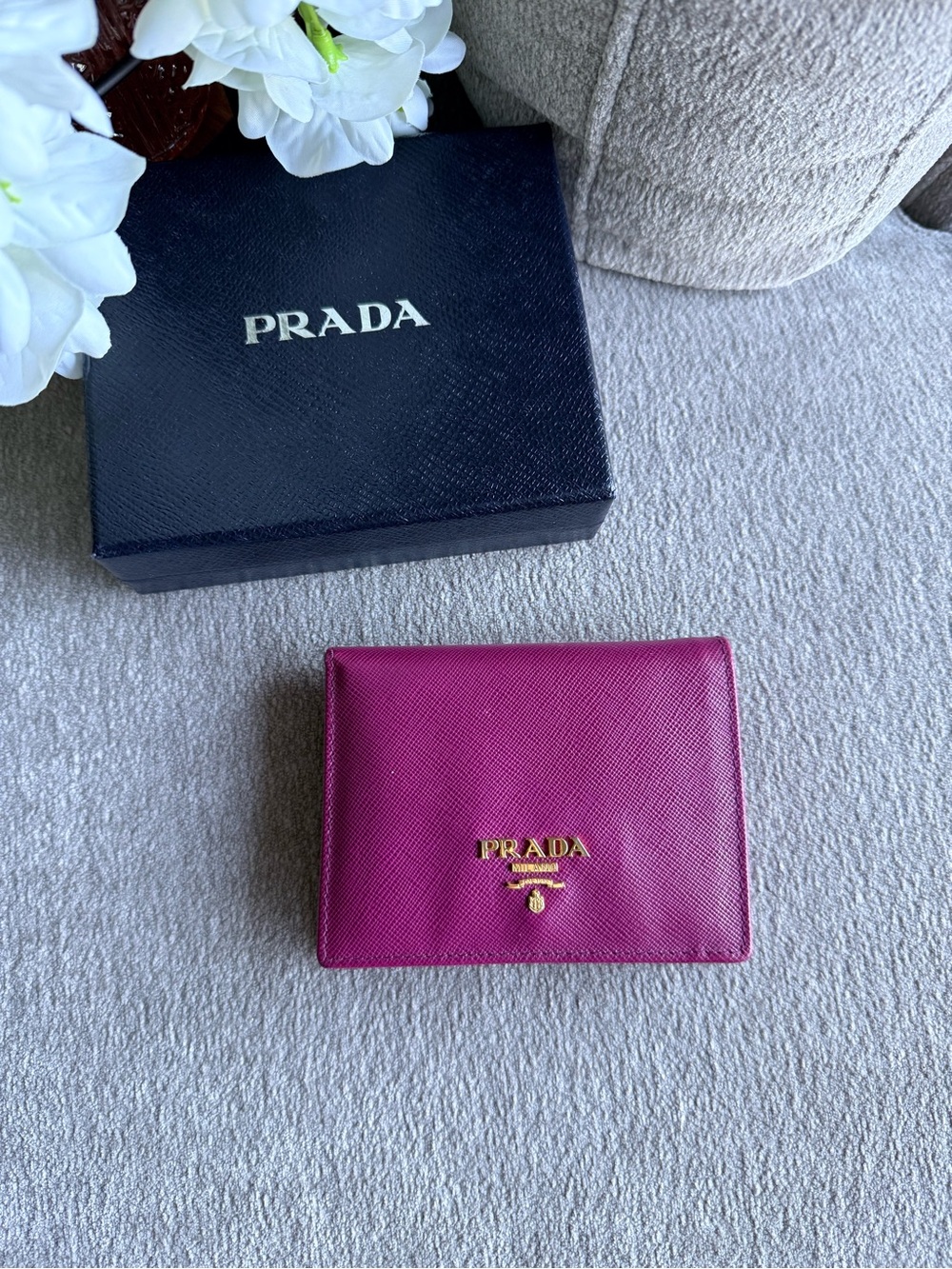 Prada Magenta Saffiano Compact Wallet Gold Hardware Authentic